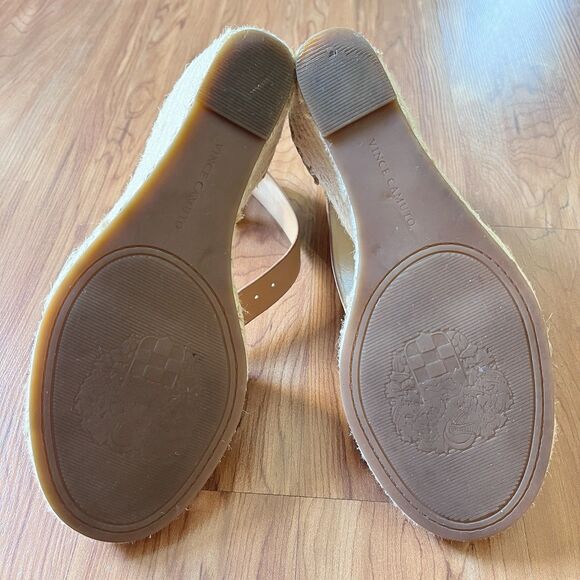 VINCE CAMUTO Lerra Camel Leather Espadrille Wedge Ankle Strap Sandal Sz 7M 37.5 - Picture 10 of 12